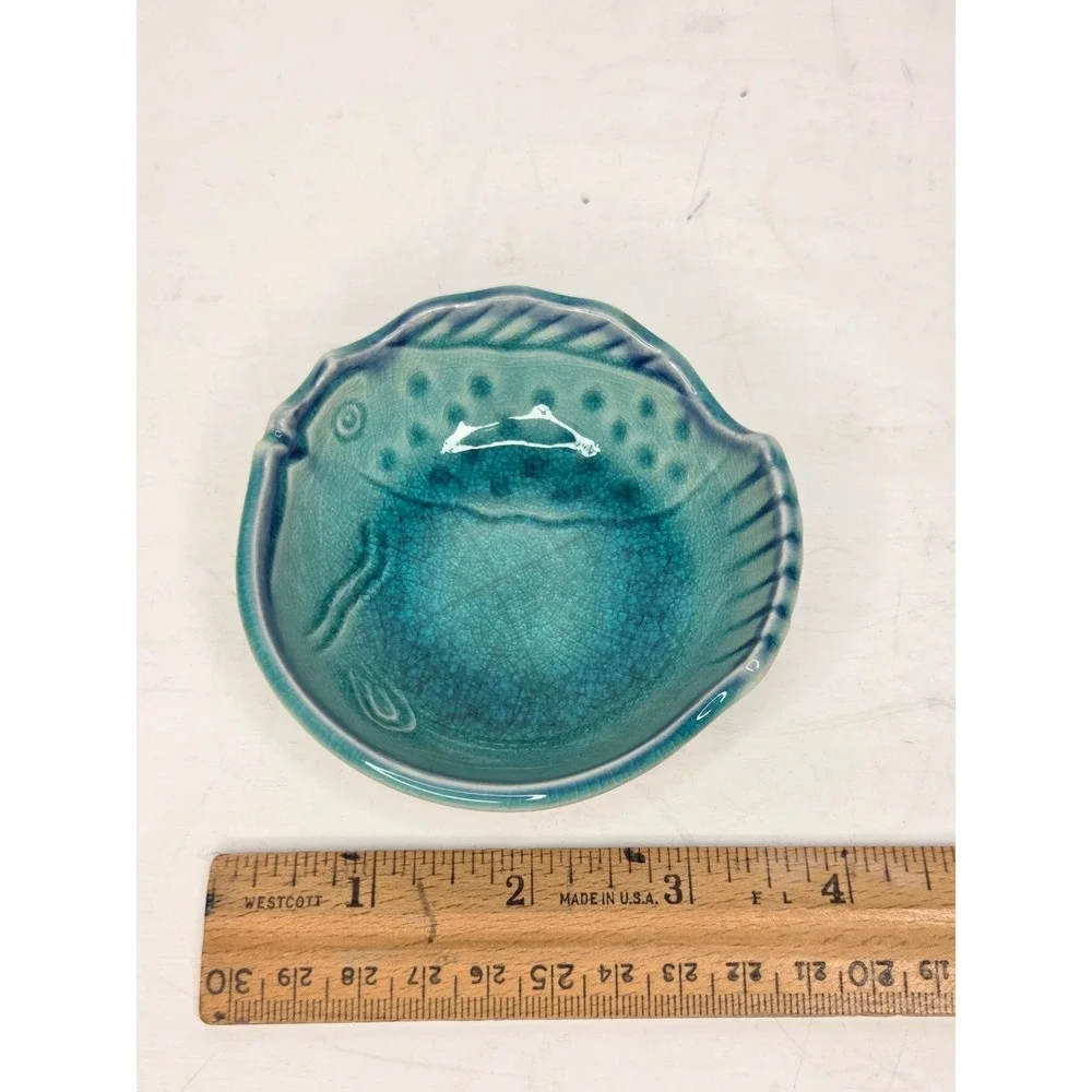 Japanese Turquoise Fish Shaped Pottery Trinket Dish Tea Bag Holders Dip Bowl Set